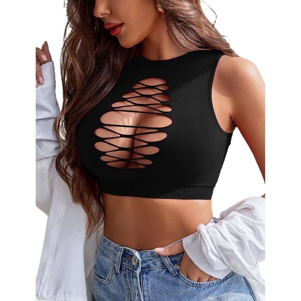 Women Fishnet Crop Top Sexy Cut Out Short Hollow Out Sleeveless S M L